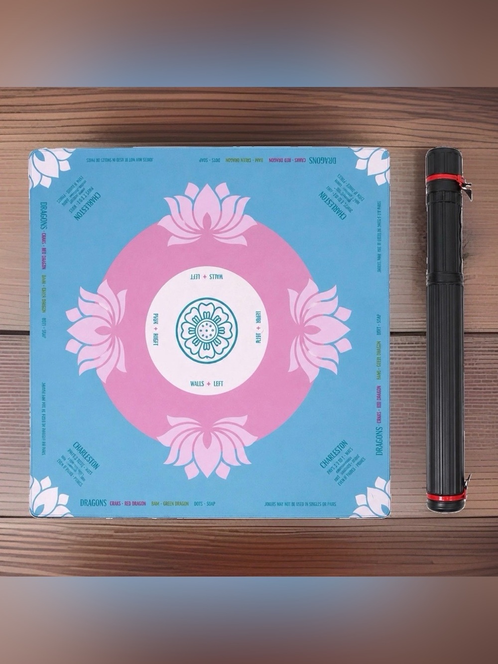 American Mahjong Mat 31.5” Pink Lotus Non-Slip Rubber Waterproof w/ Tube Bag